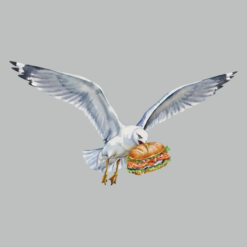 Funny Seagull Steals Fish Rolls Beach