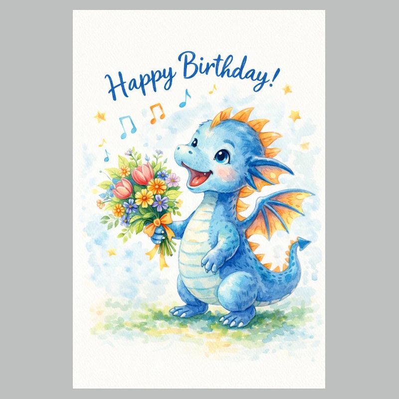 Dragon bleu avec bouquet de fleurs