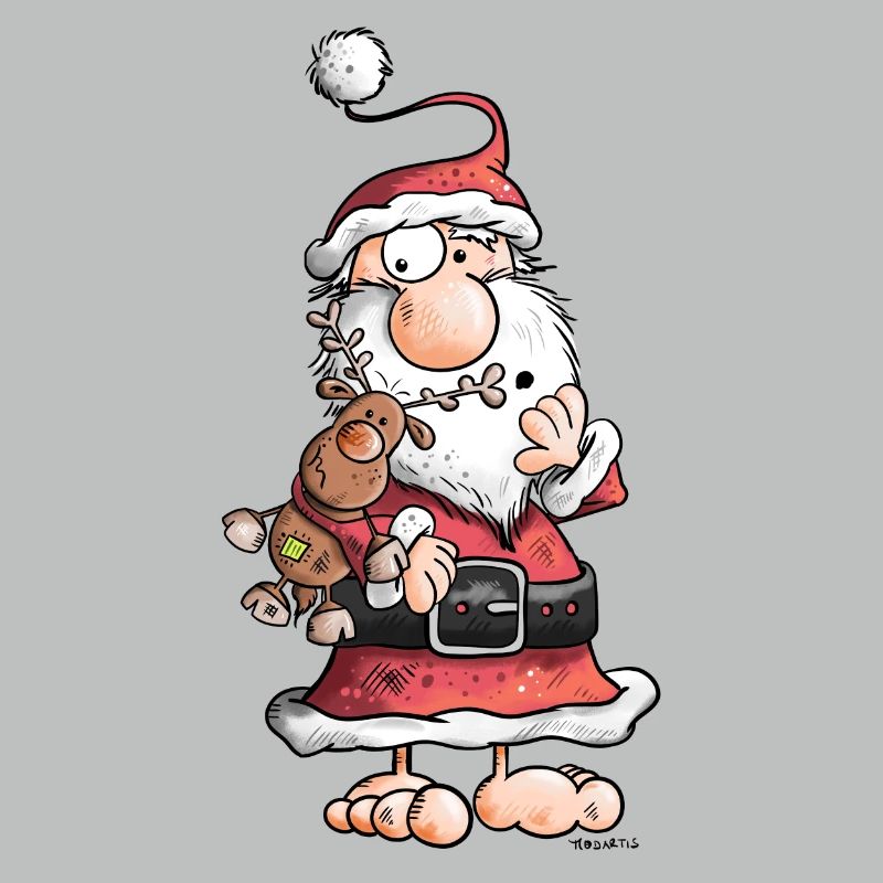 Weihnachtsmann knuddelt Rentier