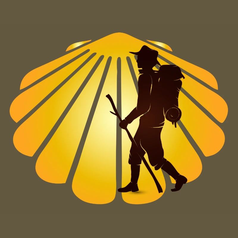 A pilgrim on a pilgrimage path with scallops