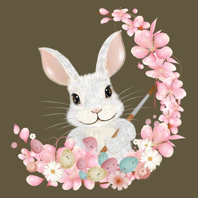 white easter bunny with flowers and brush for easter