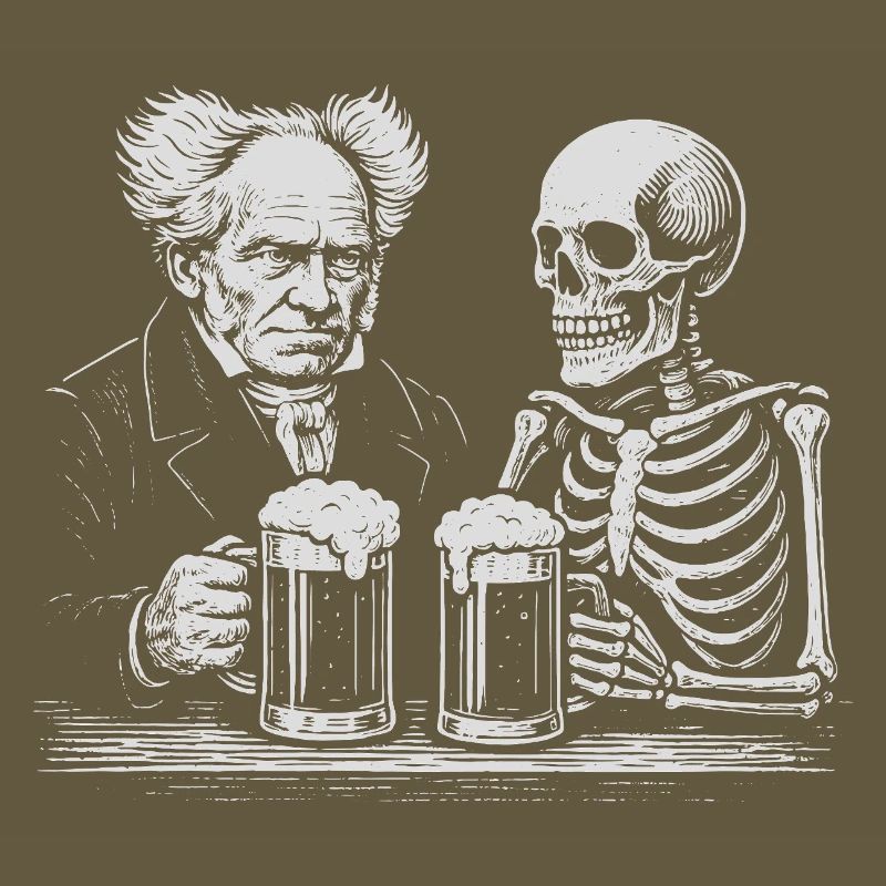 Arthur Schopenhauer drinking beer with skeleton