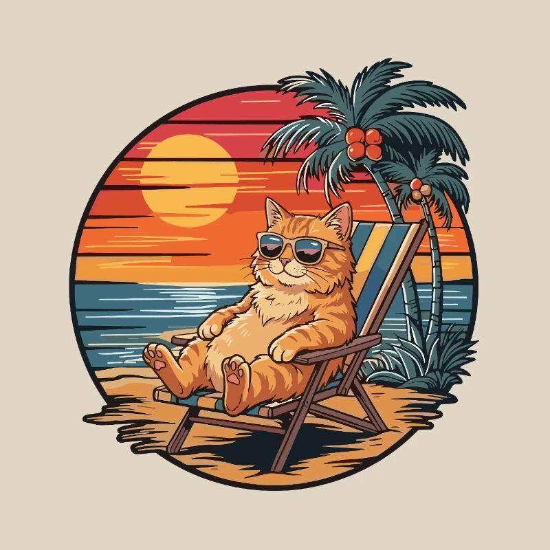 Funny Cat on Beach Summer Vacation Sunset