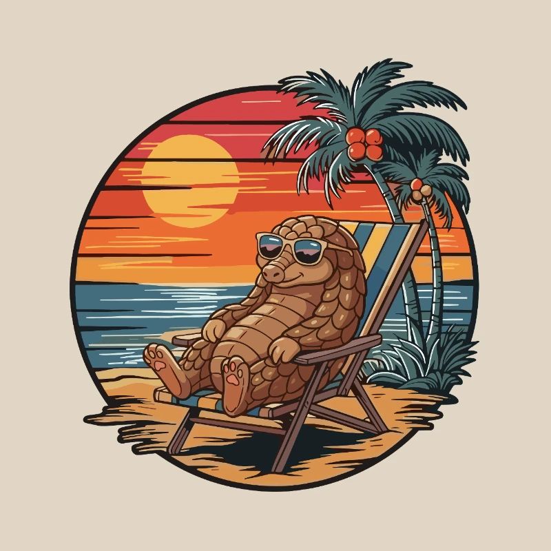 Funny Pangolin on Beach Summer Vacation Sunset