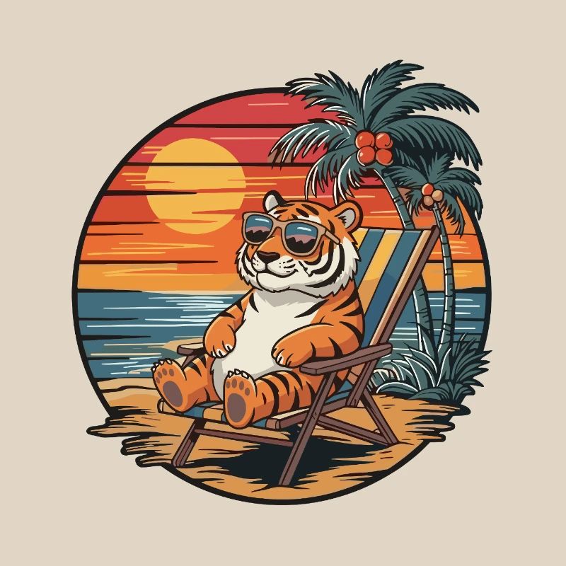 Funny Tiger on Beach Summer Vacation Sunset