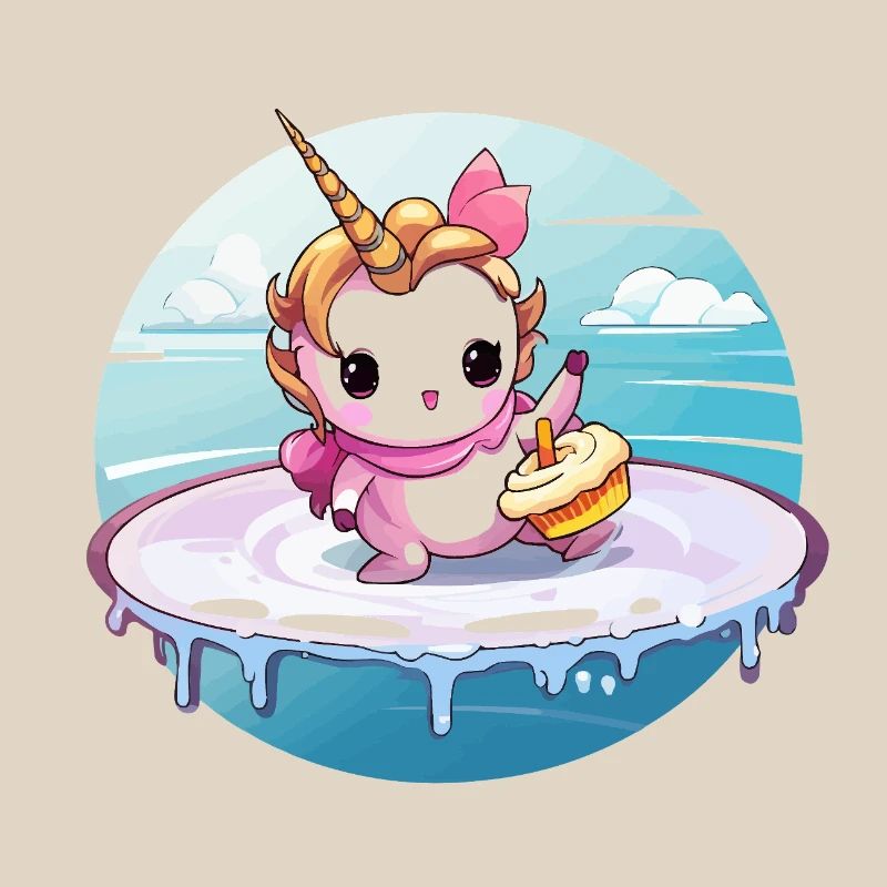 Einhorn am Surfbrett mit Cupcake