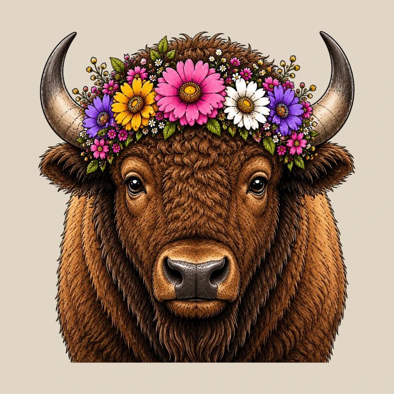 Bison décoré de fleurs