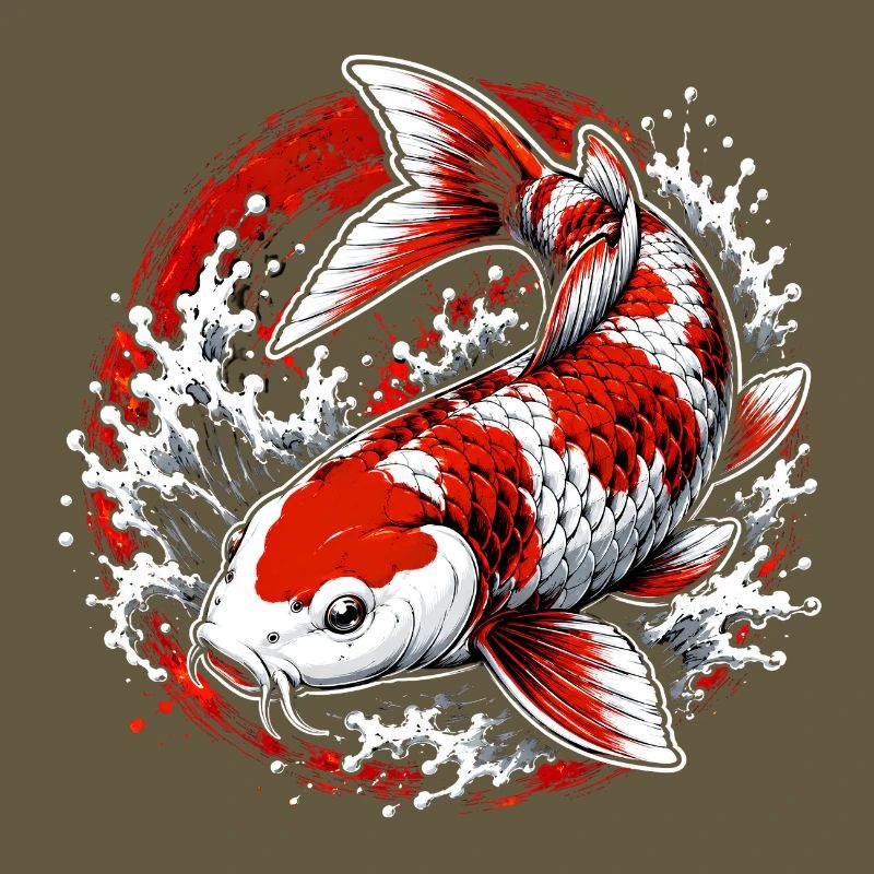 Red White Koi Carp Splash Art Design