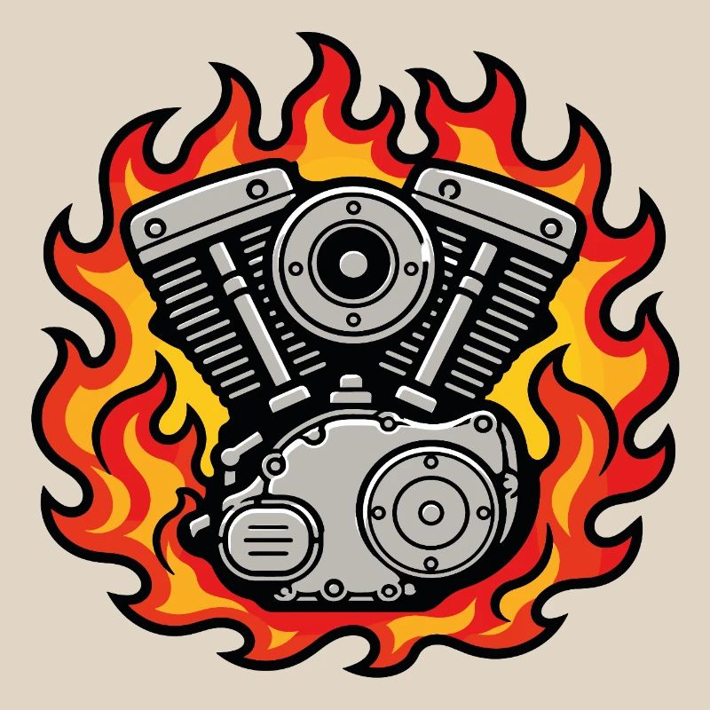 Vintage motorcycle engine in flames