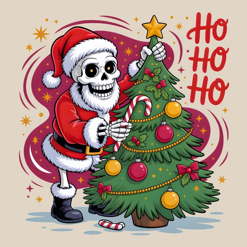 Skeleton Santa decorates tree
