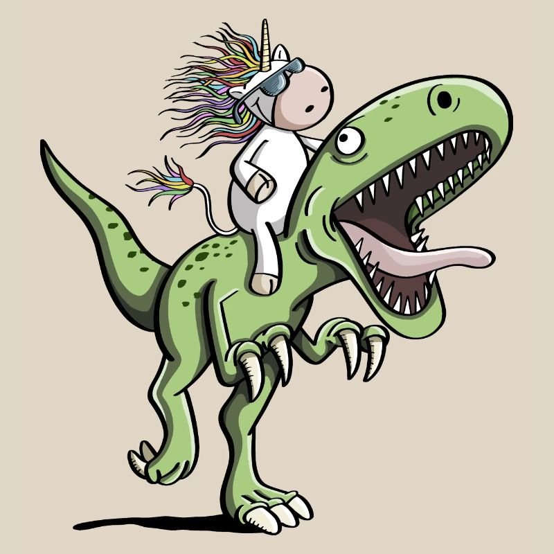 Unicorn rides a T-Rex dinosaur comic