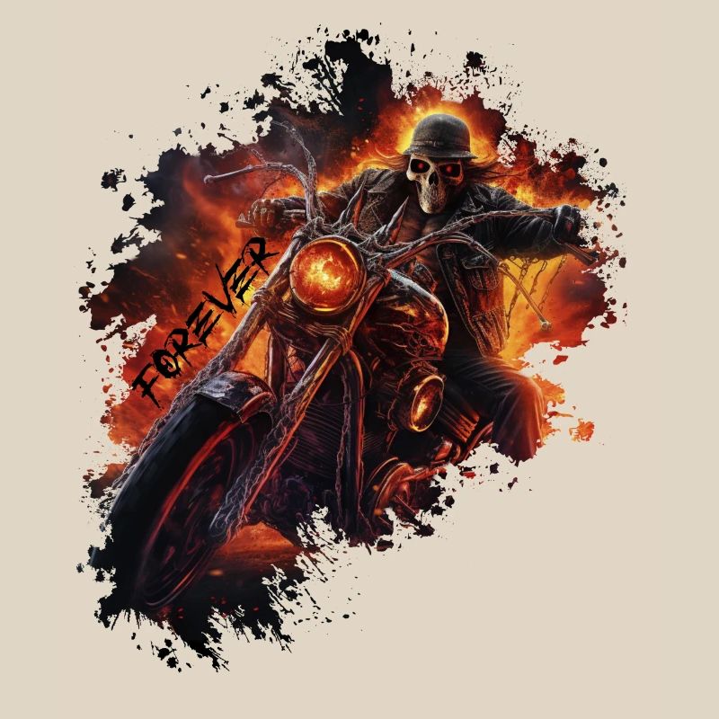 Flaming skull on motorcycle biker