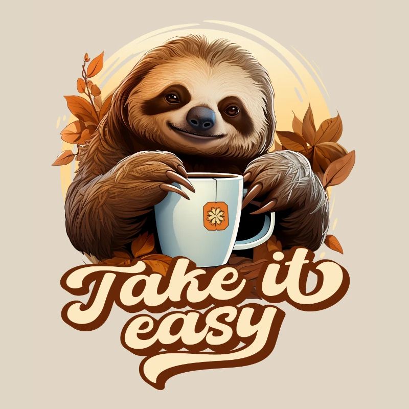 Cute Sloth Drinking Tea, Take It Easy, Saying