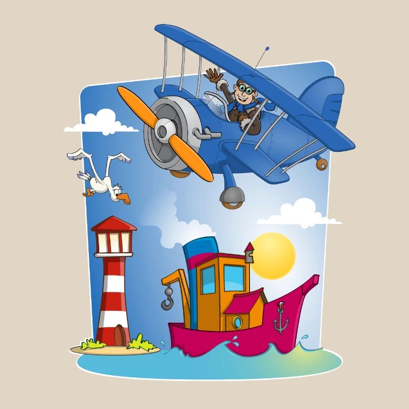 Sonne, Meer, Flugzeug, Boot, Leuchtturm und Möwe