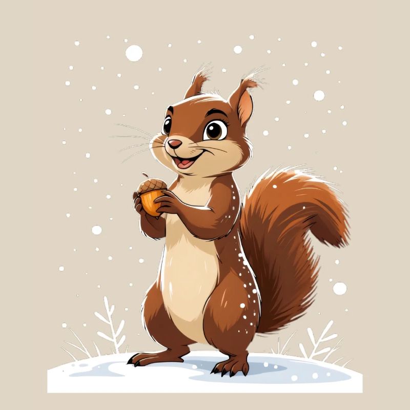 Winterliches Eichhörnchen mit Eichel