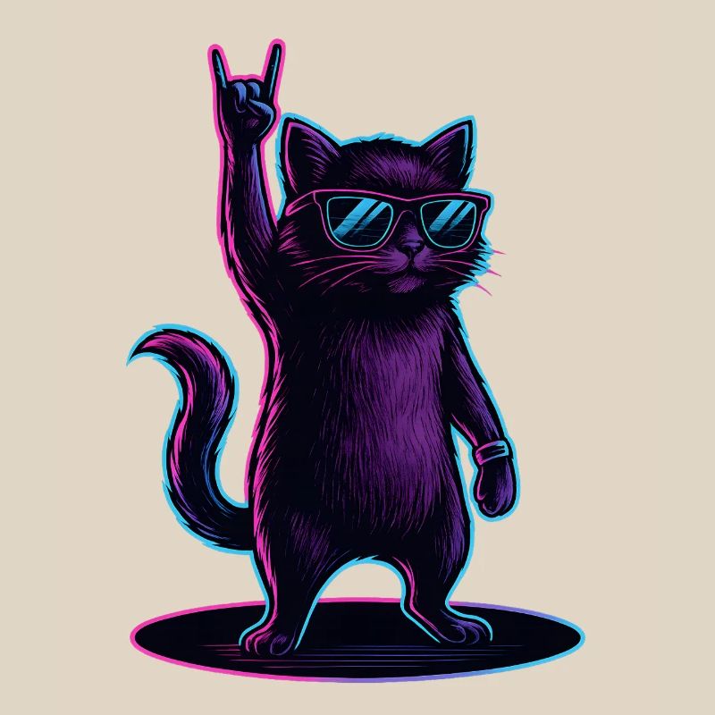 Synthwave Cat Cat with Rockhand Pose