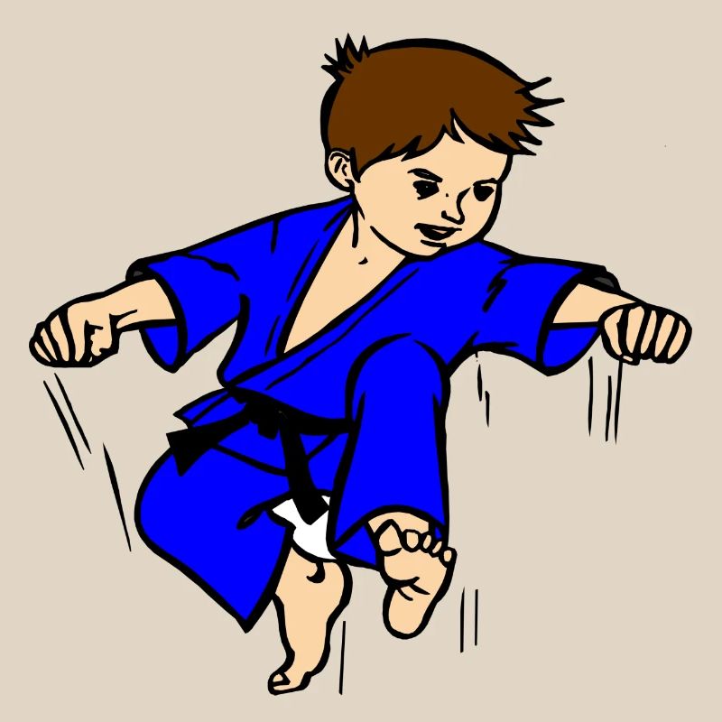 Blauer Anzug Karatekind oder Judokind mit schwarzem Gürtel