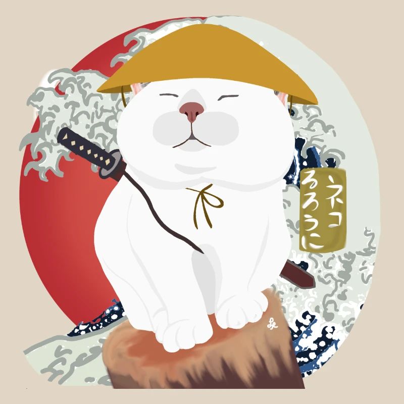 Samurai Katze sitzt auf dem Holz