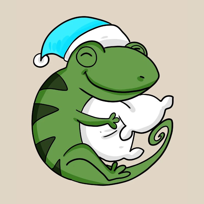 Cameeleon with pillow and sleeping cap