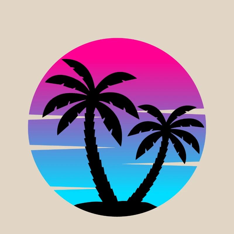 80s synthwave sunset with palm trees in a circle