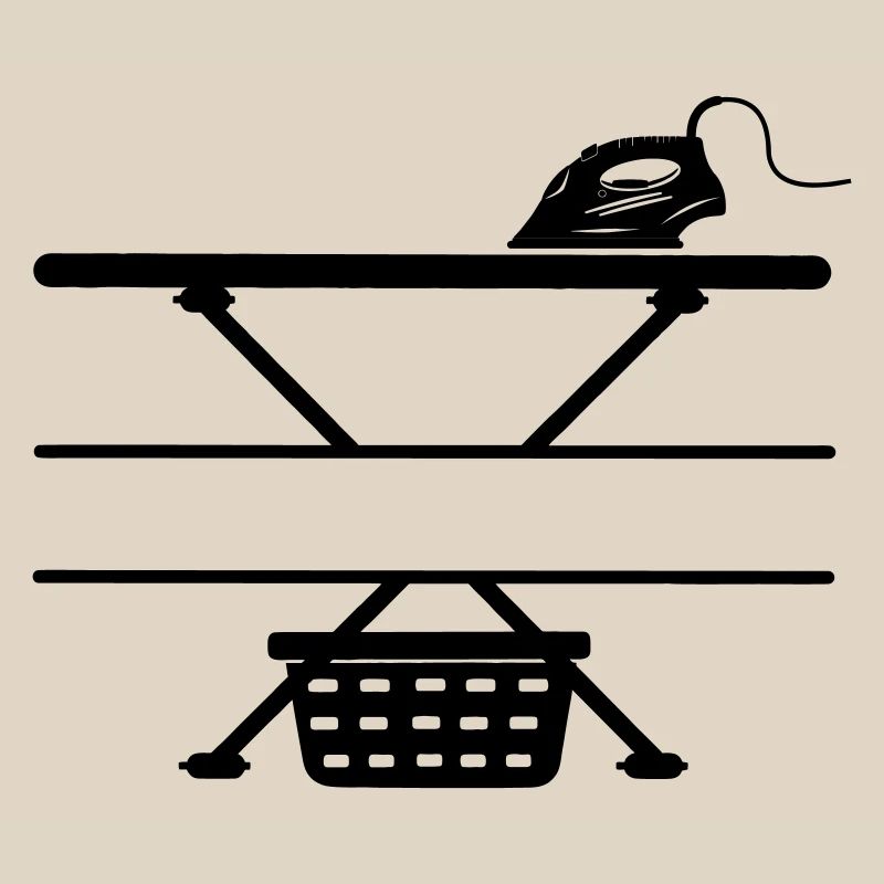 Iron, ironing board and laundry basket, text banner