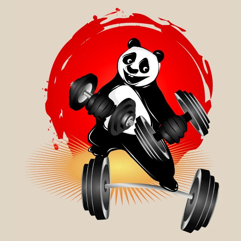 Bodybuilder panda bear with dumbbells while exercising