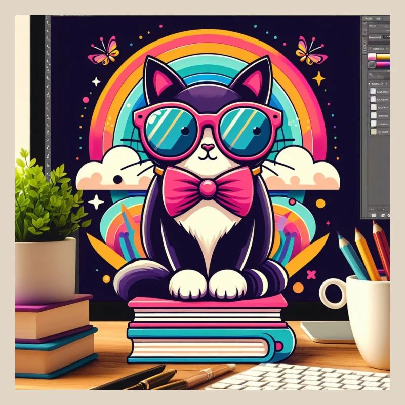 Fleißige Katze mit Brille