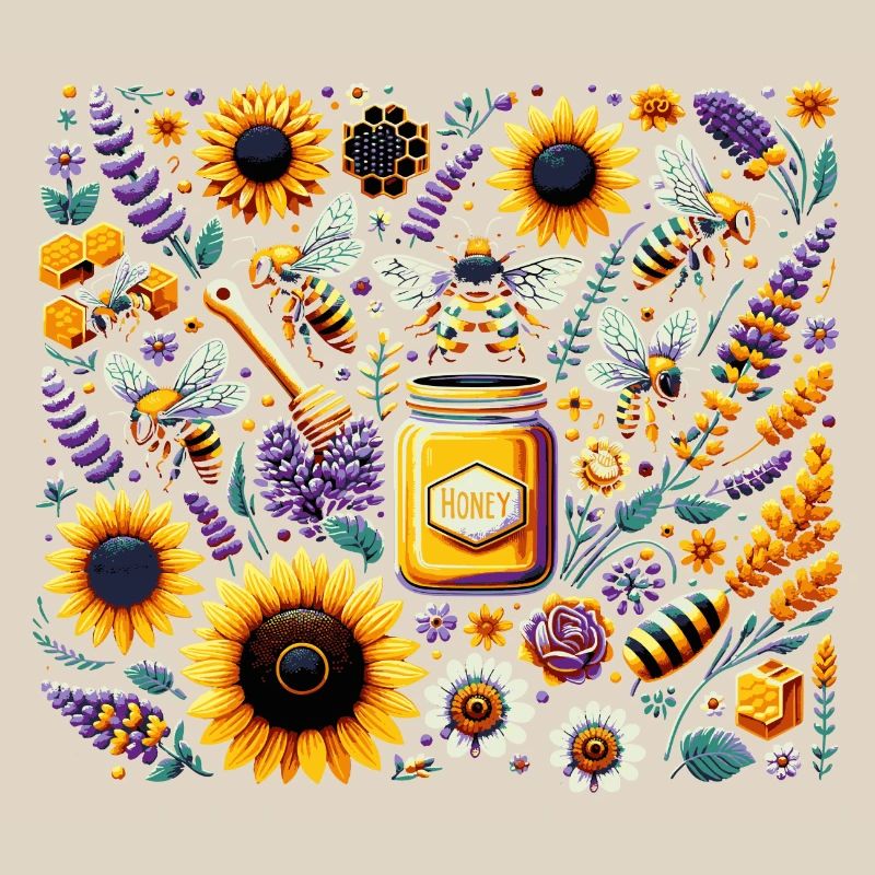 Vibrant, colorful artwork with bees