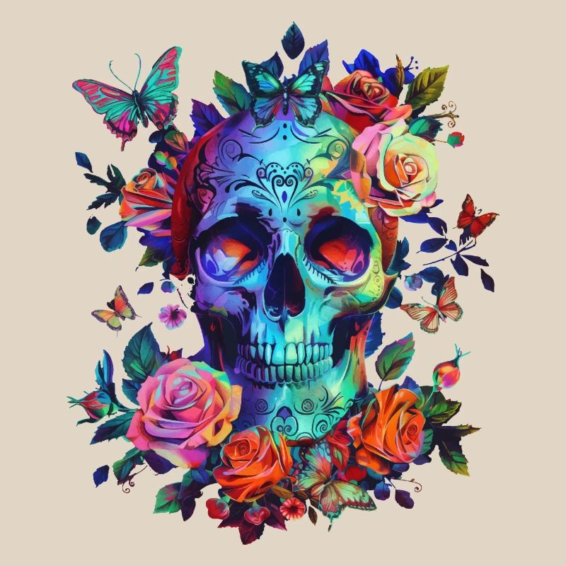 Crâne avec fleurs et papillon
