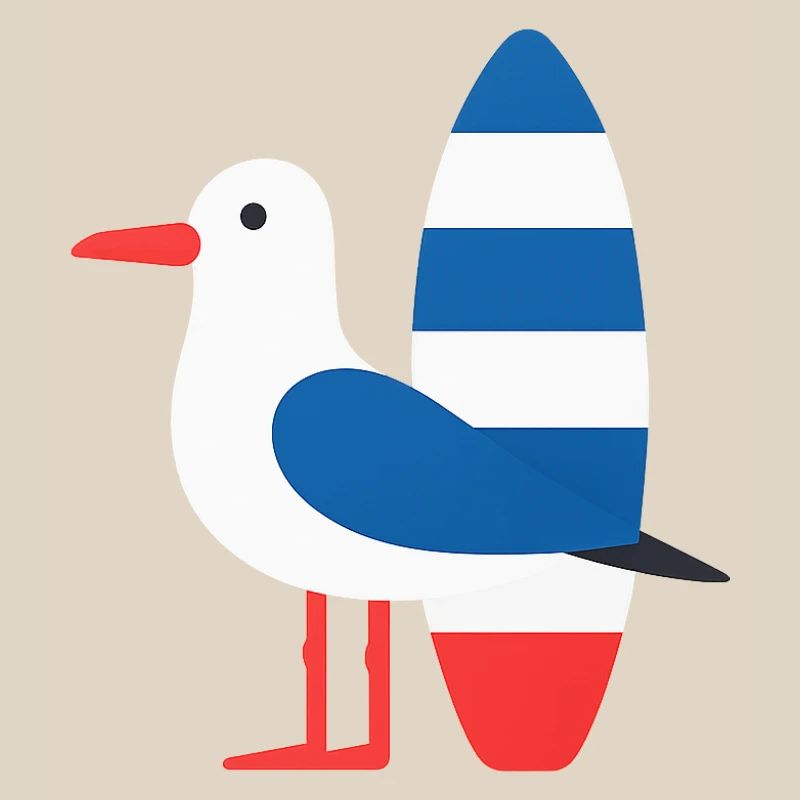 Mouette avec planche de surf