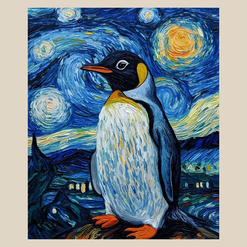 Penguin Bird Van Gogh Style Starry Night
