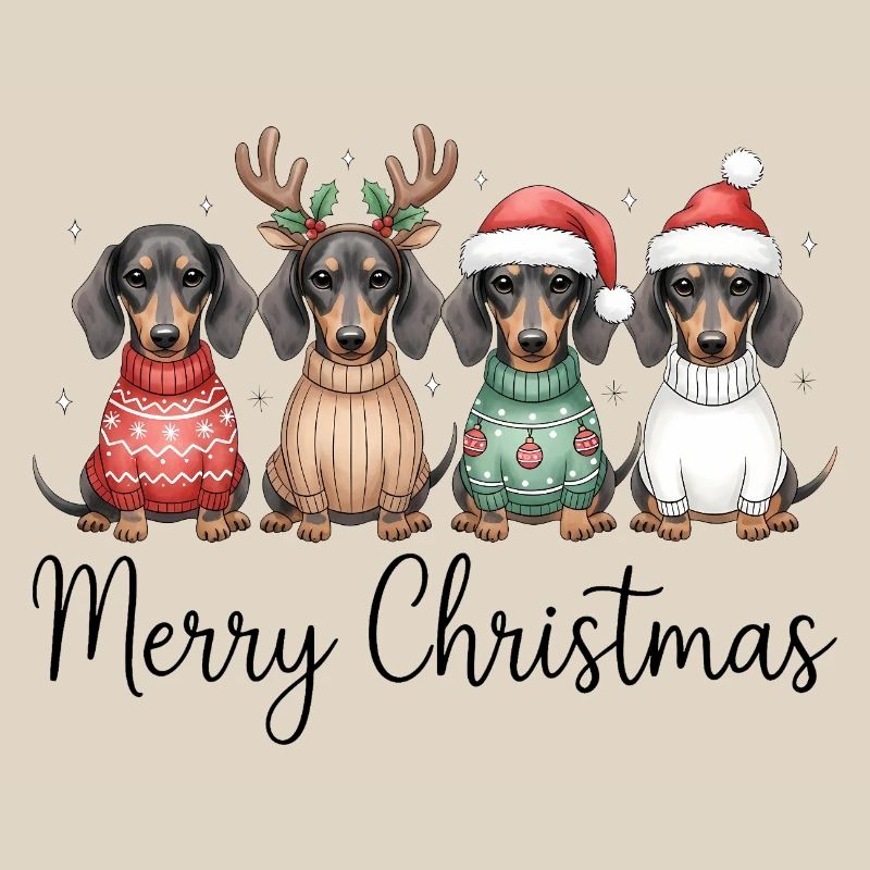 Vier Dackel, Dachshunde in Weihnachtspullover