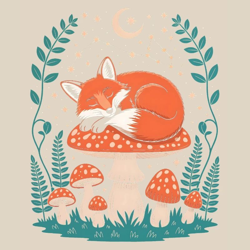 Sleeping Fox on Mushroom Under Starry Sky