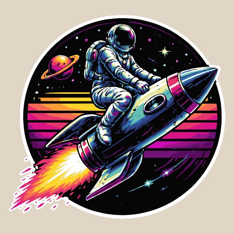 Astronaut on rocket in retro sunset