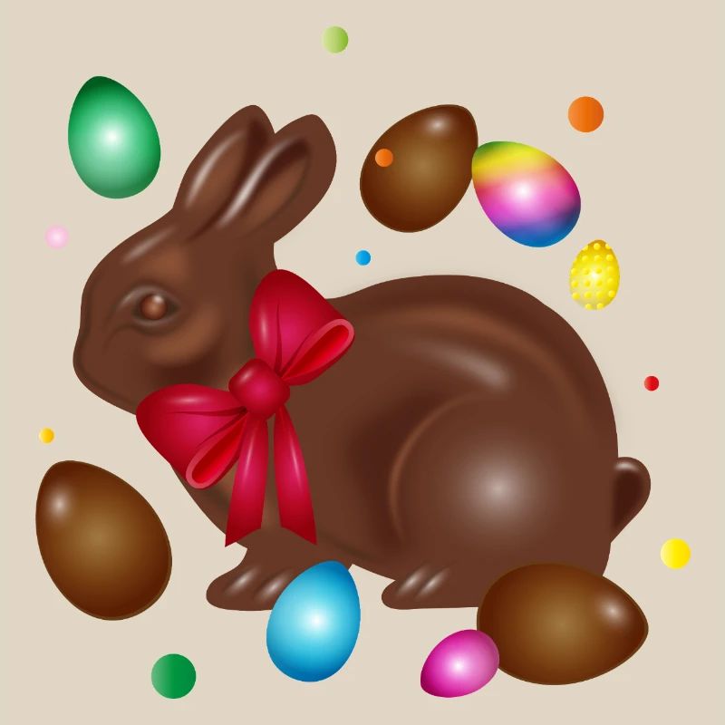 Chocolate Easter bunny with colorful Easter eggs