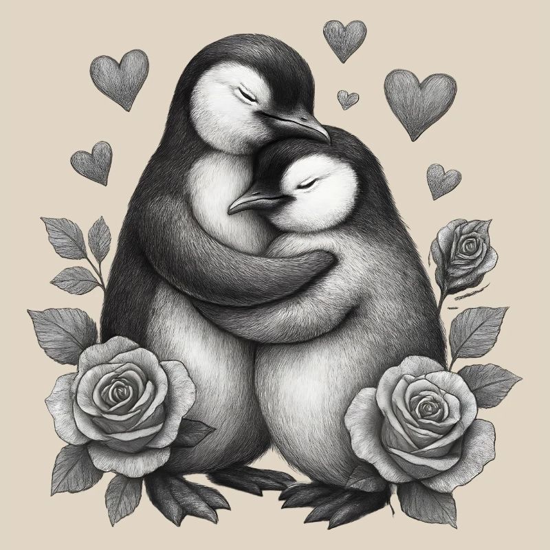 Hugging penguins with roses