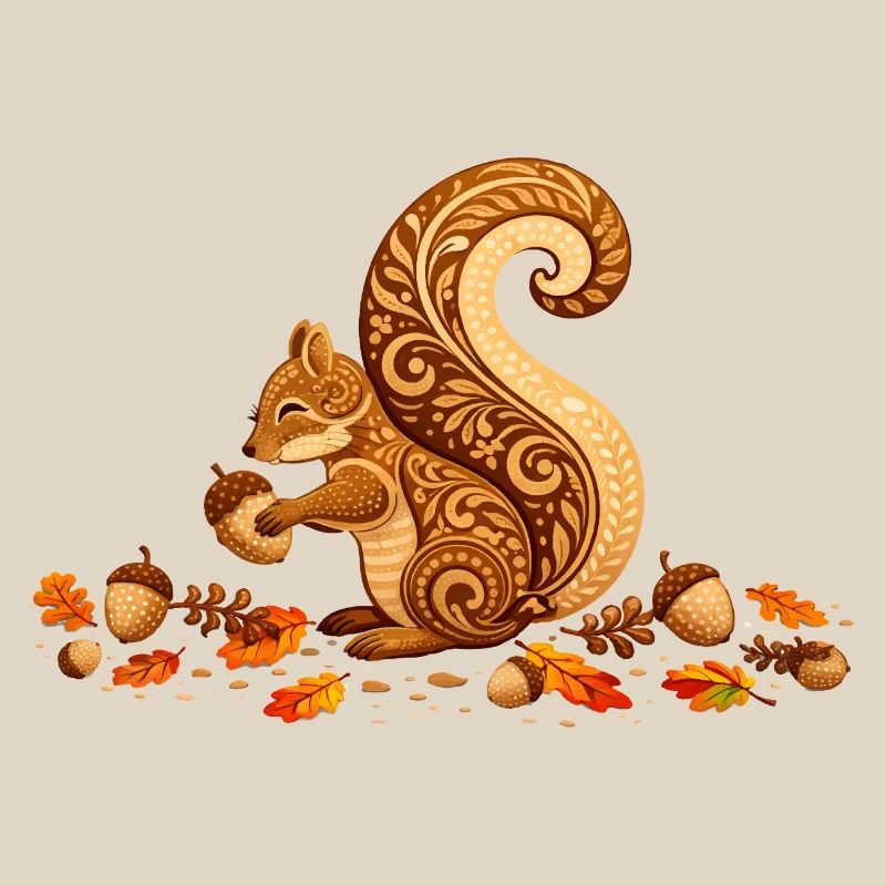 Stilisiertes Eichhörnchen mit Eichel im Herbst