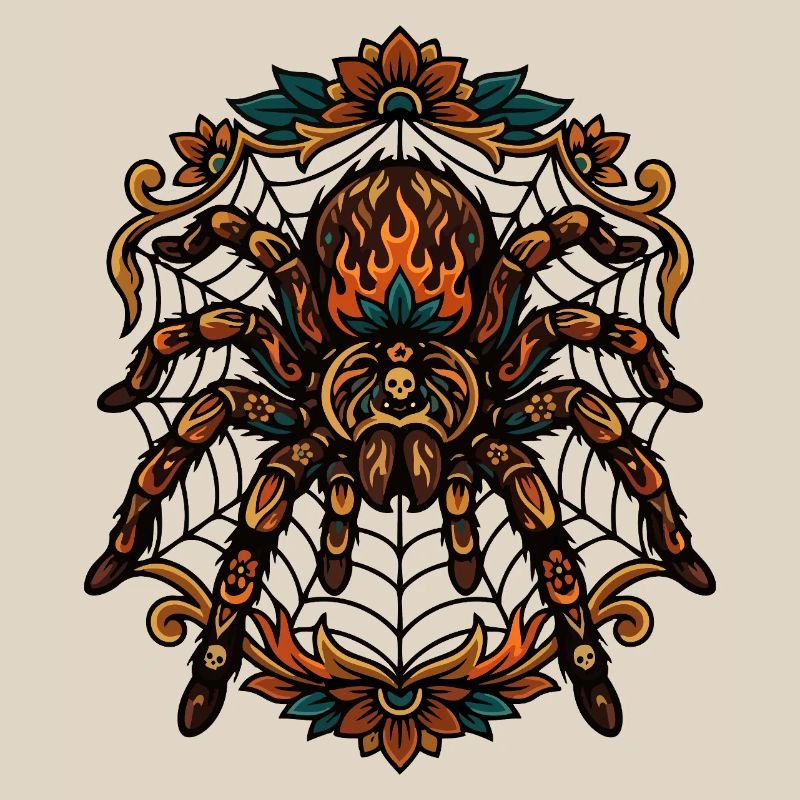 Tarantula Fire Flames Spider Web Pattern Motif