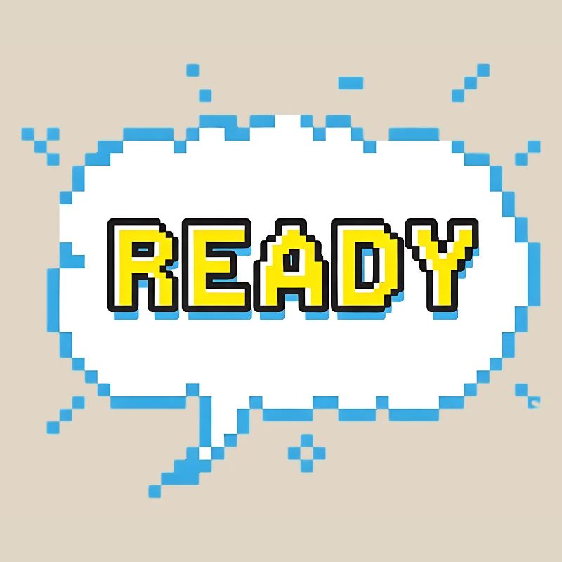 READY lettering in pixel comic look