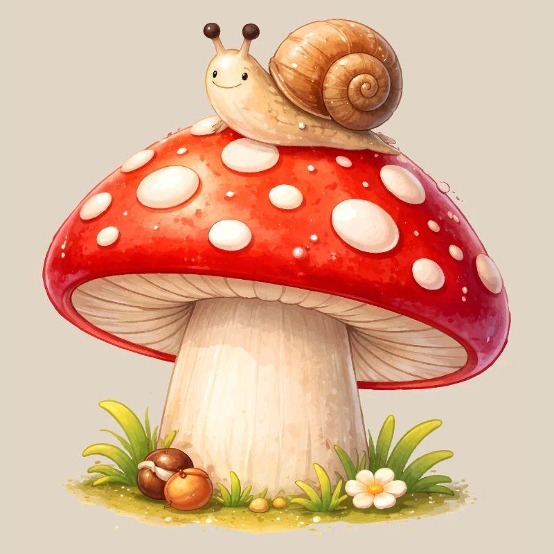 Toadstool with Snail Cute Forest Motif