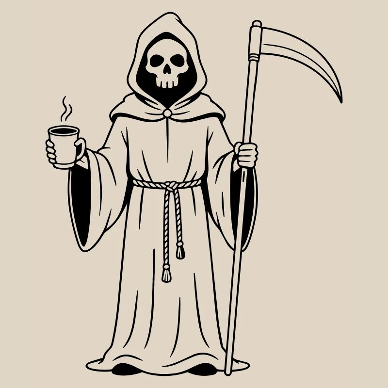 Sensenmann mit einer Tasse Kaffee