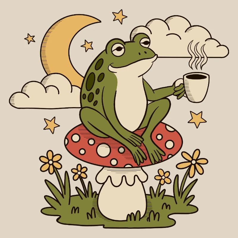 A frog with a cup sits on a toadstool