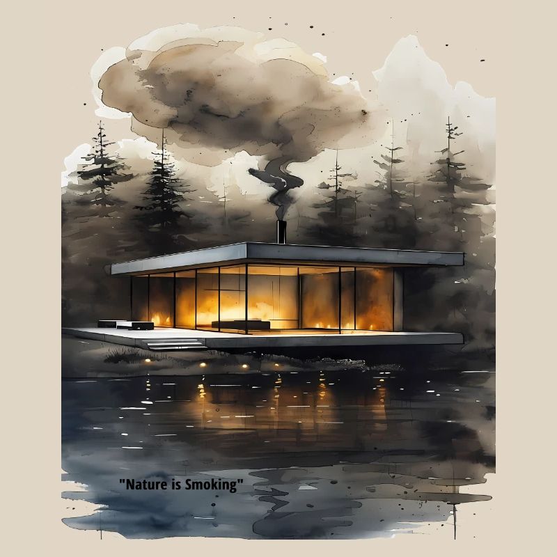 Cabane moderne éclairée par le feu sur le lac