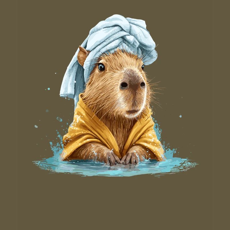 Kapybara in a bath towel and bathrobe