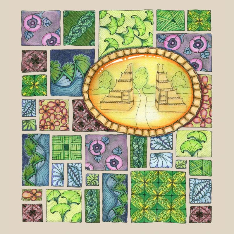 Temple de Bali sur patchwork de motifs