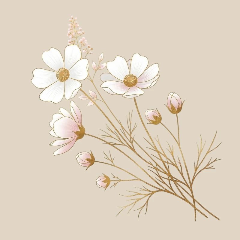 Accents dorés, fleurs blanches