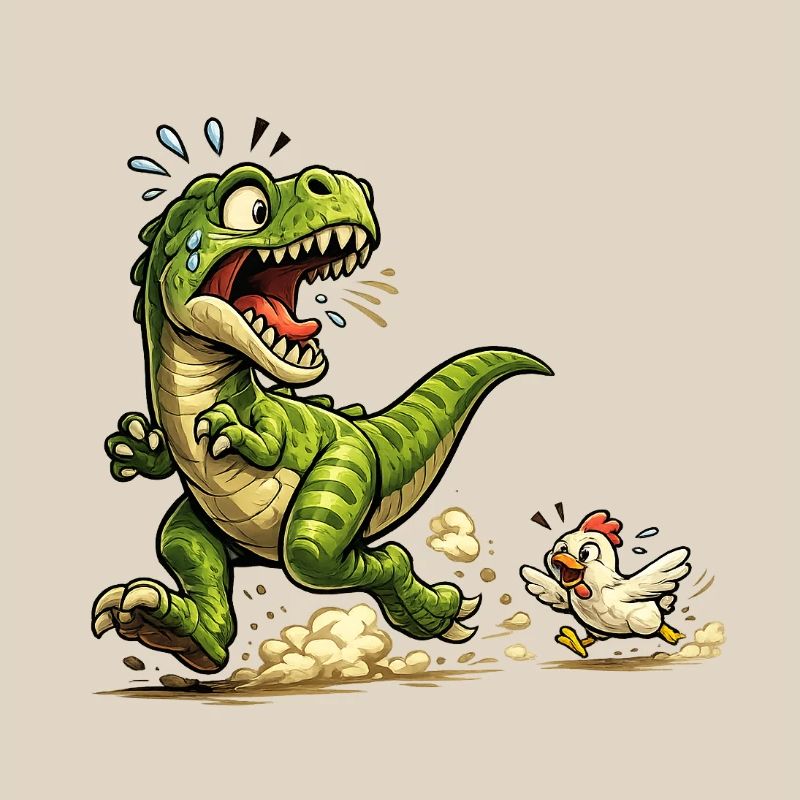 Comic Raptor Dinosaur on the run from a chicken