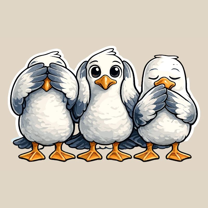 Three seagulls see nothing hear nothing say nothing