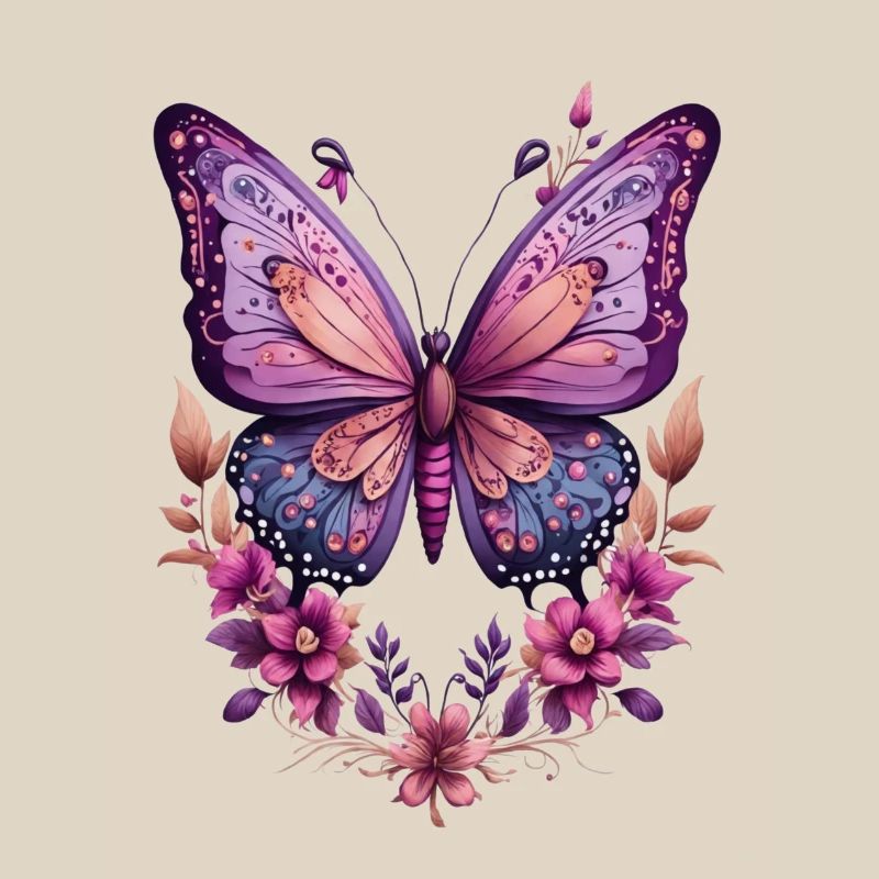 Papillon violet avec des fleurs