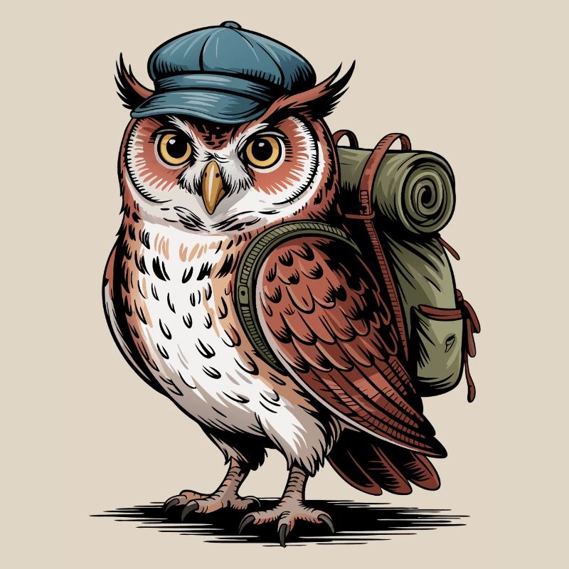 Wandernde Eule mit Rucksack
